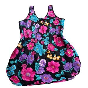 Vintage 80s Cinestar Floral Chemise Nightgown Lingerie Neon Slip Large